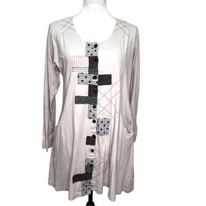 Vintage Tulip Patchwork Lagenlook‎ Button Front Tunic Long Sleeve Pockets Stitch